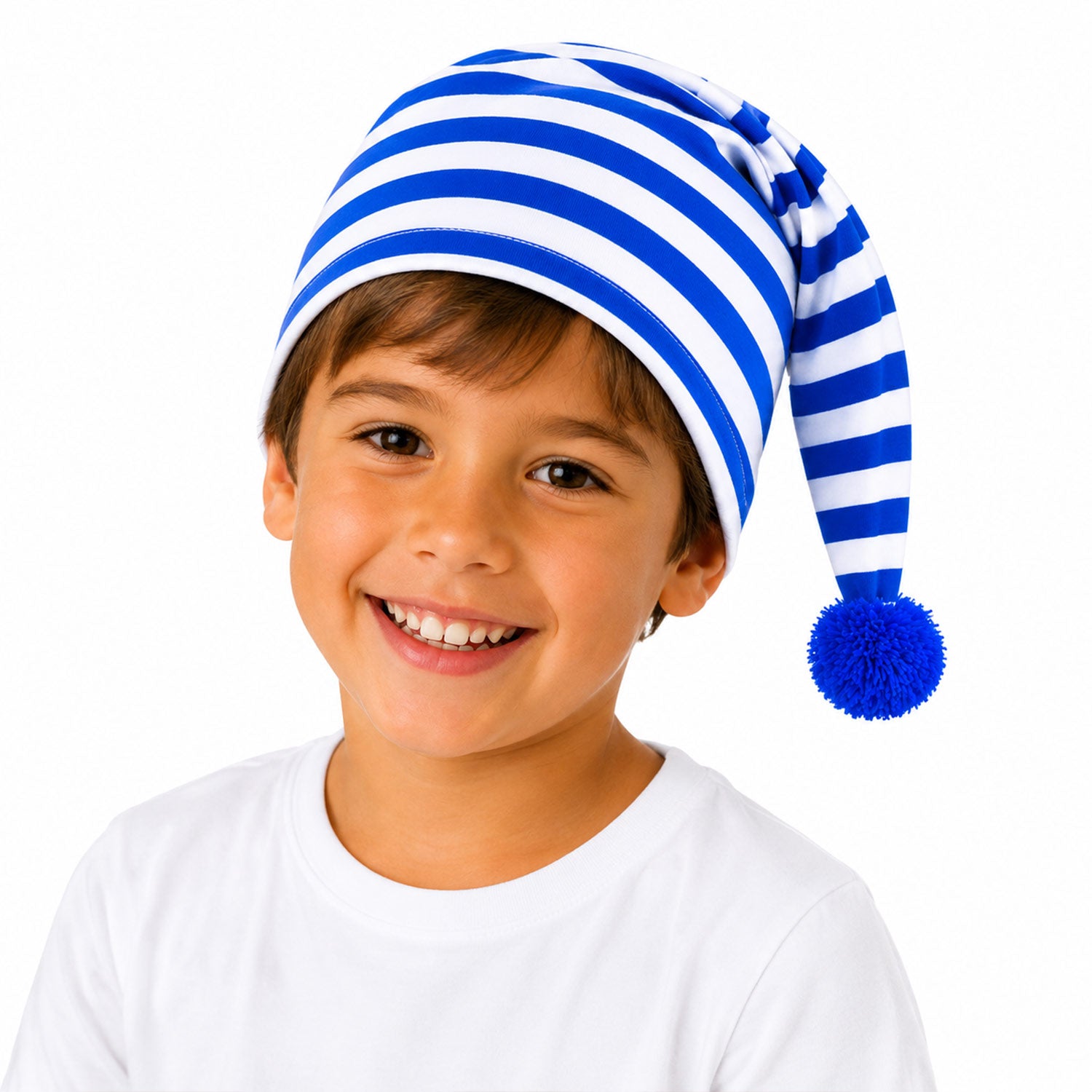 das-kost-mland-kinder-schlafm-tze-baumwolle-blau-wei-bommel image 4