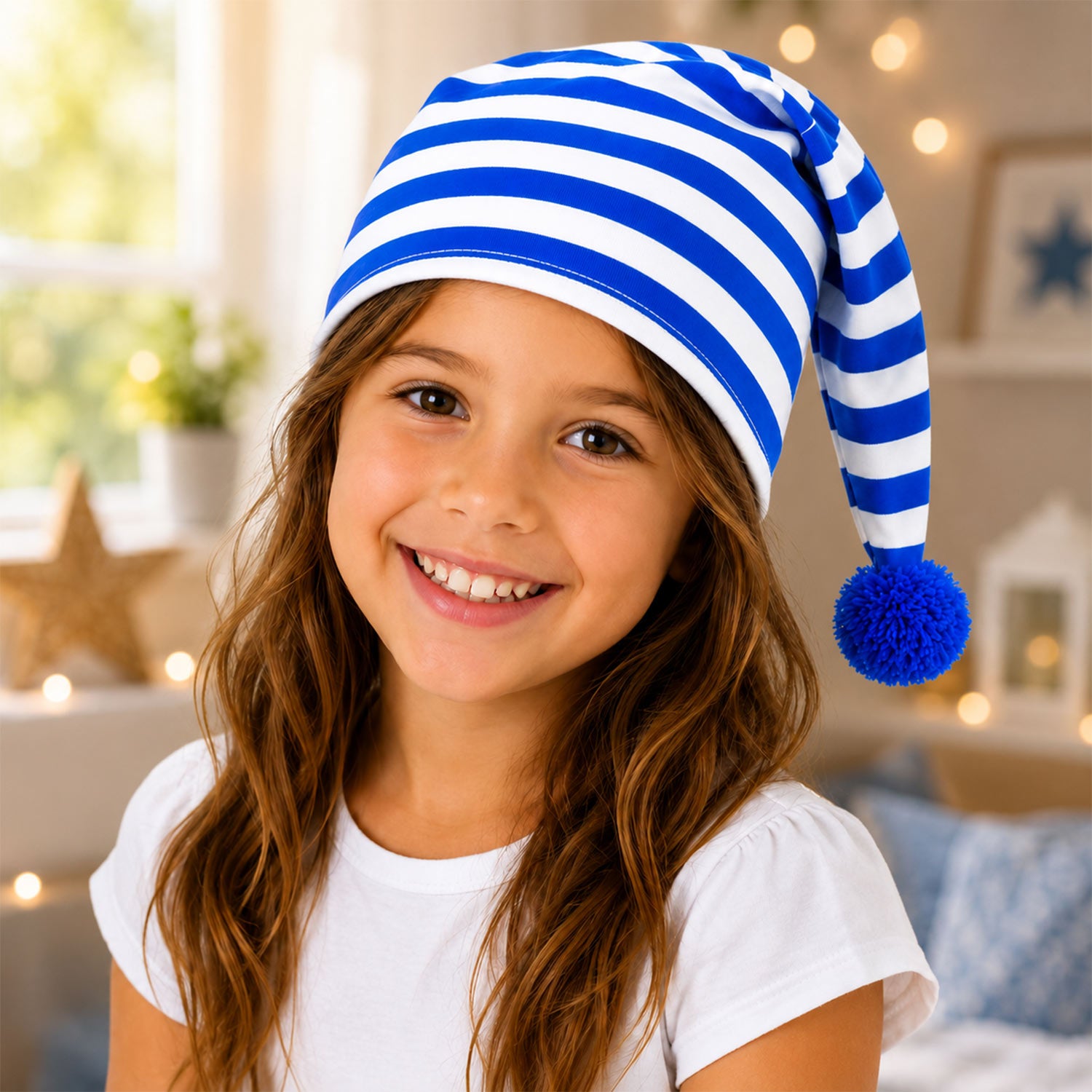 das-kost-mland-kinder-schlafm-tze-baumwolle-blau-wei-bommel image 7