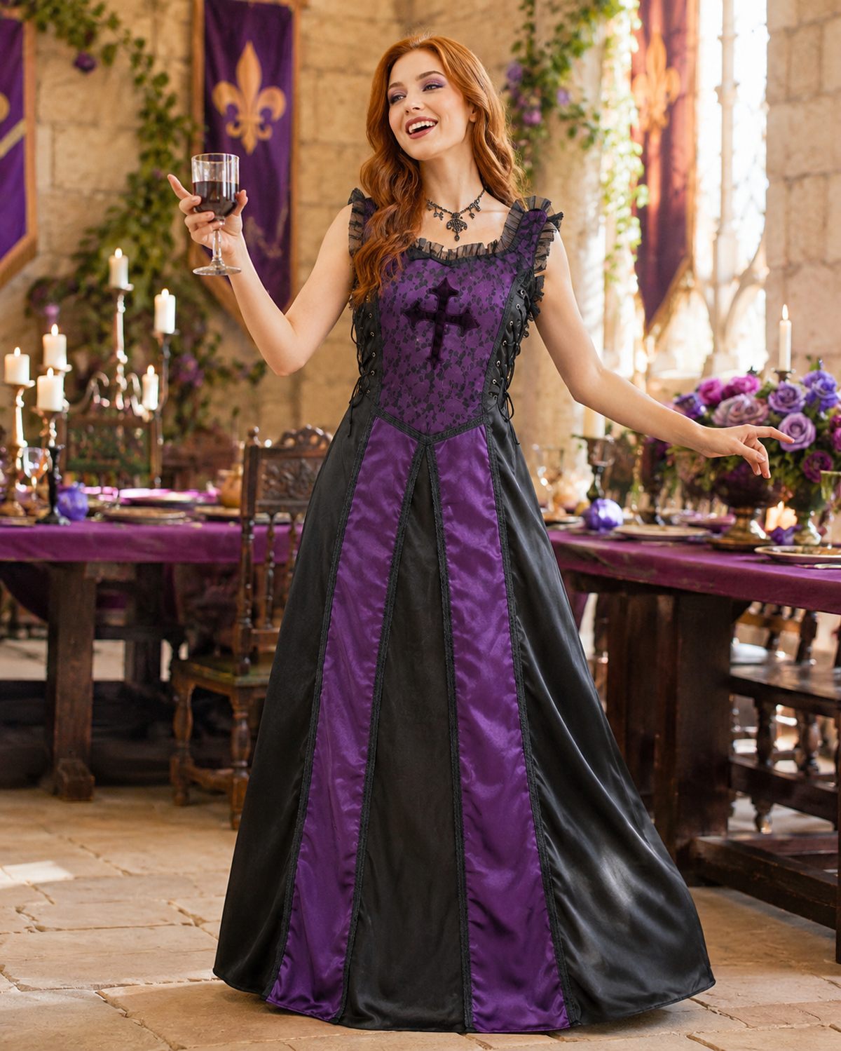 das-kost-mland-damen-larp-corsagenkleid-violett-schwarz-gothic image 2