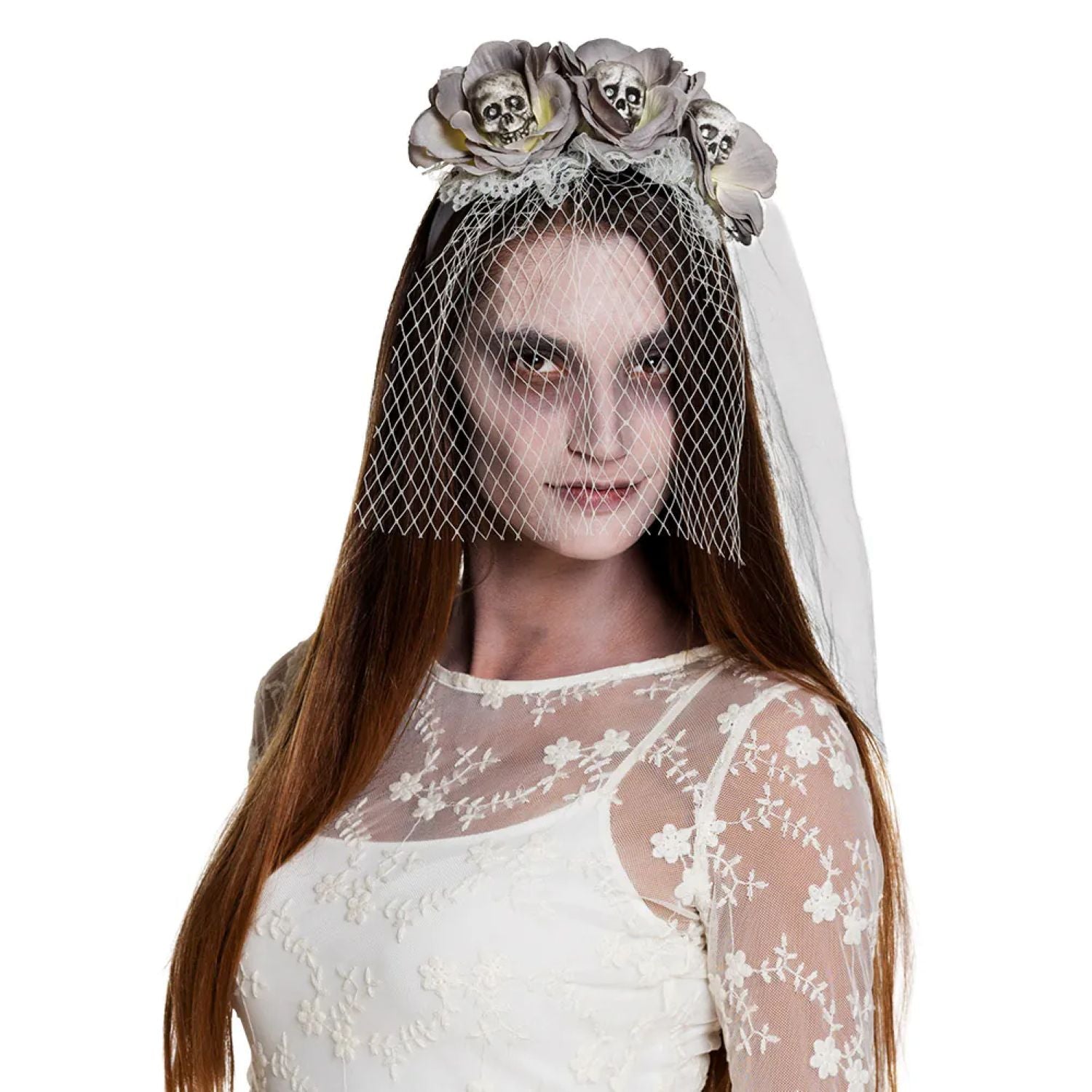das-kost-mland-zombie-diadem-haarreif-mit-schleier-grau-totenkopf image 1