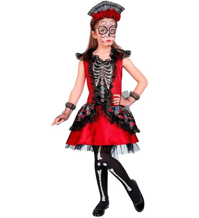dia-de-los-muertos-kinderkost-m-skelett-kleid-rot-128 image 1