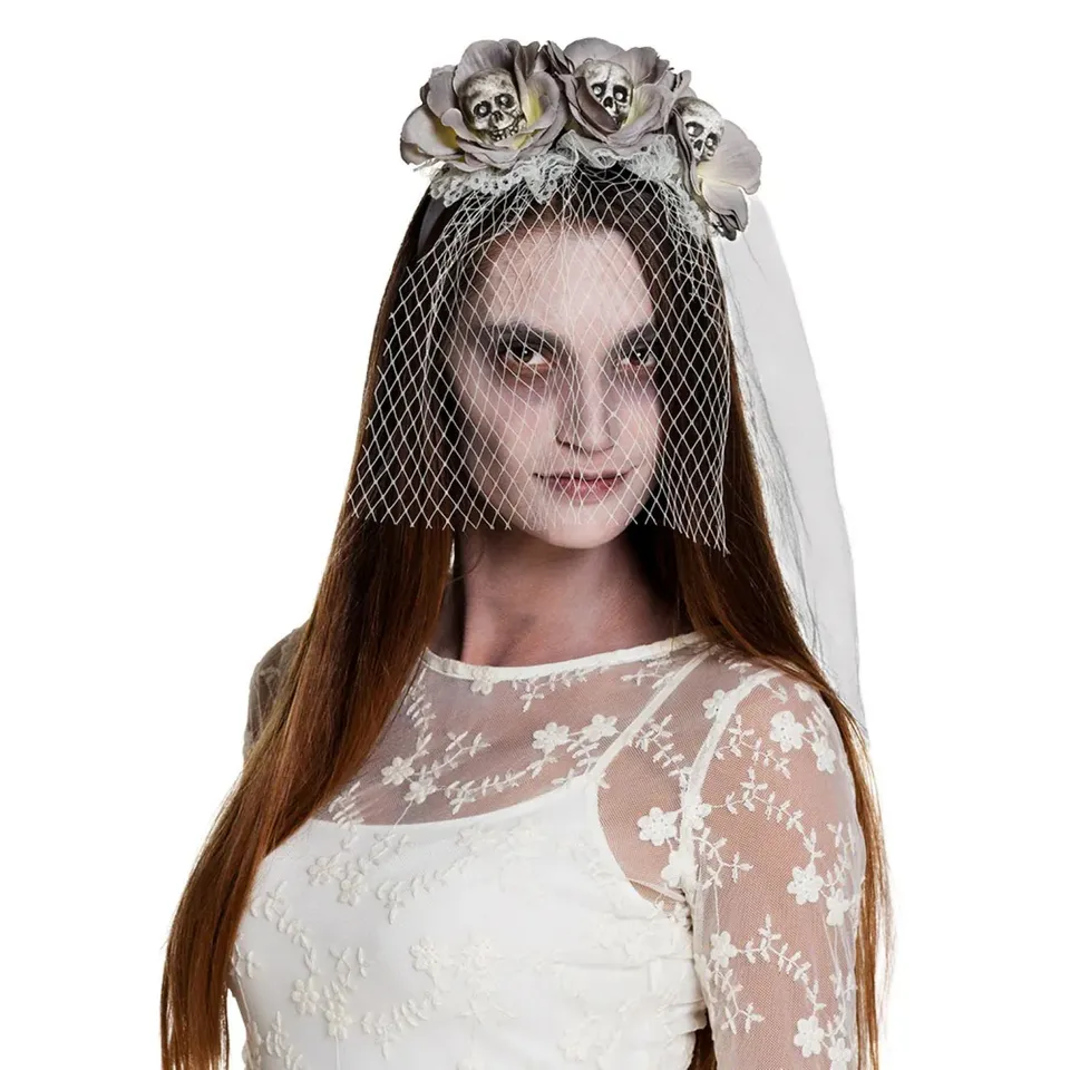 das-kost-mland-zombie-diadem-haarreif-mit-schleier-grau-totenkopf image 1