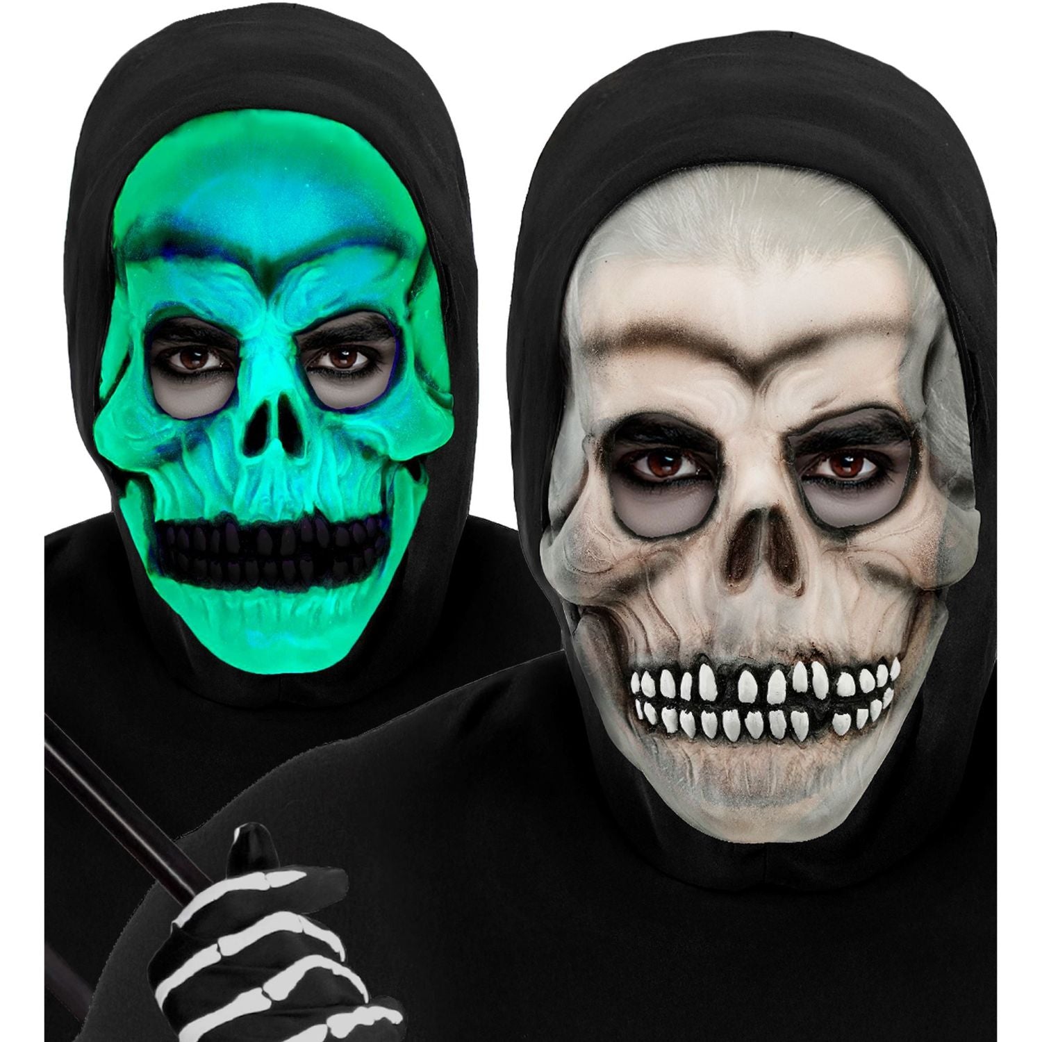 das-kost-mland-totenkopf-maske-kapuze-wei-schwarz-leuchtend image 6