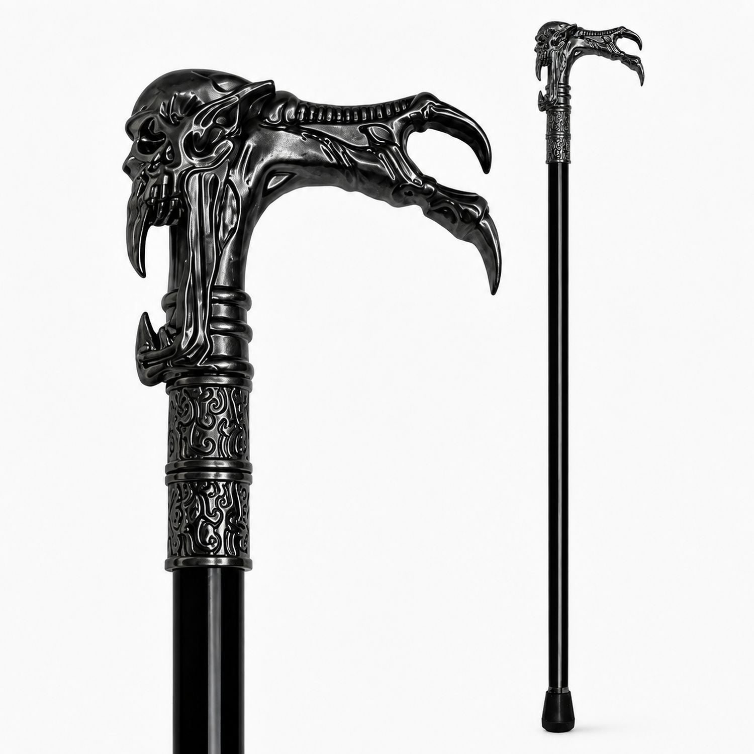 das-kost-mland-gehstock-totenkopf-kralle-metall-schwarz-silber-91cm image 1