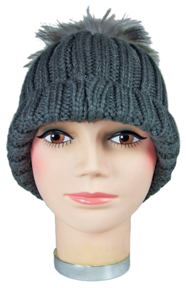 beanie-strickm-tze-damen-dunkelgrau-fellbommel-grobstrick image 2