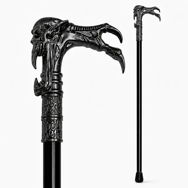 das-kost-mland-gehstock-totenkopf-kralle-metall-schwarz-silber-91cm image 1