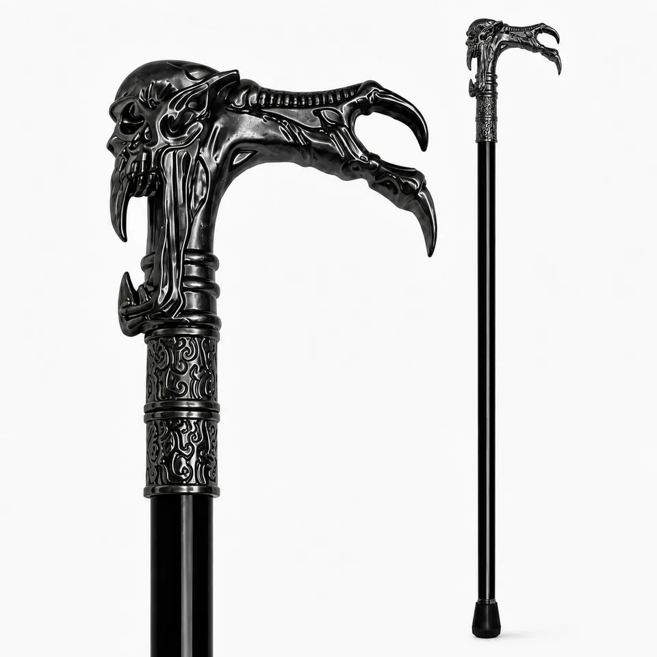 das-kost-mland-gehstock-totenkopf-kralle-metall-schwarz-silber-91cm image 1