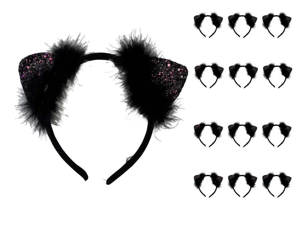 das-kost-mland-katzenohren-haarreif-schwarz-glitter-12er-set image 1