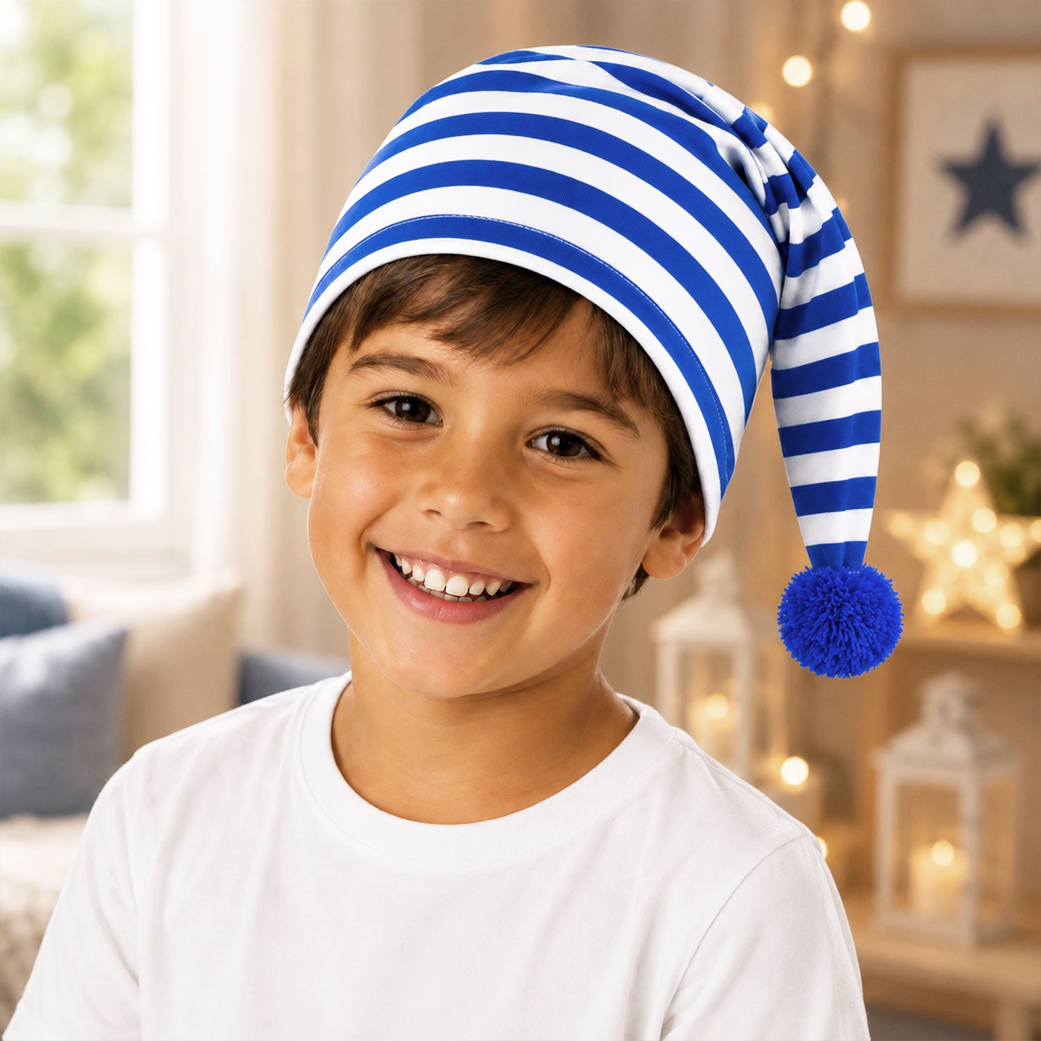 das-kost-mland-kinder-schlafm-tze-baumwolle-blau-wei-bommel image 8