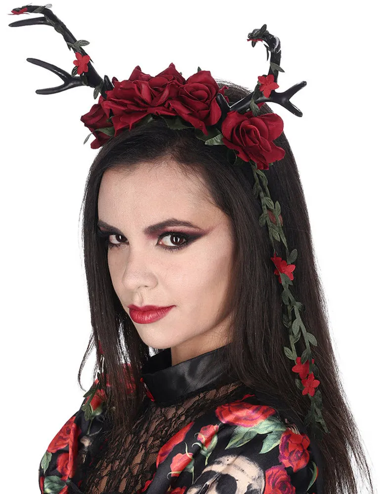 das-kost-mland-dunkle-fee-haarreif-geweih-rosen-schwarz-rot image 1