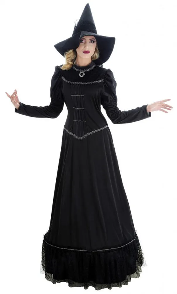 das-kost-mland-orelie-hexen-damenkost-m-schwarz-silber-kleid-hut image 1