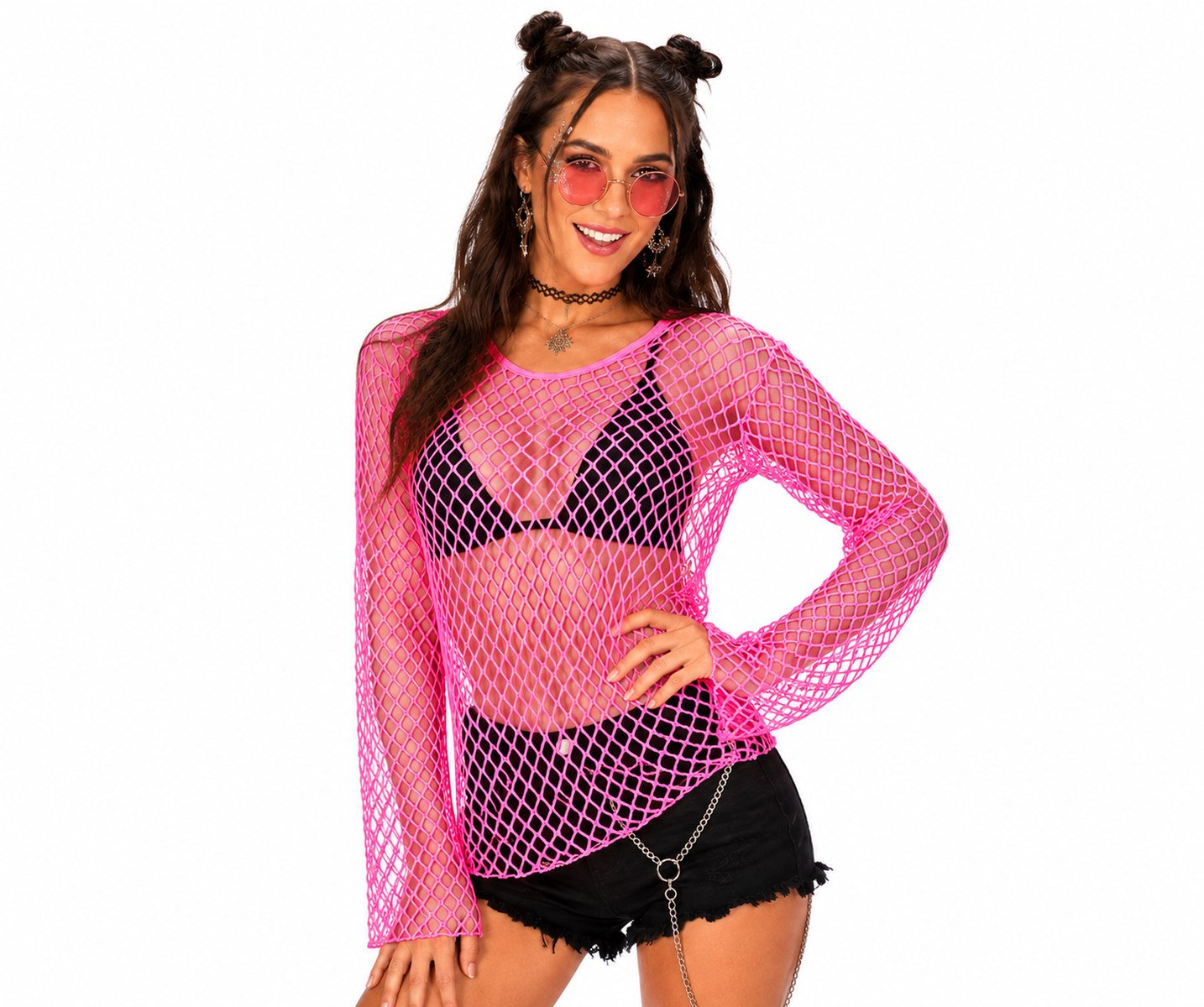 das-kost-mland-damen-neon-netzshirt-pink-80er-rave-disco-kost-m image 1