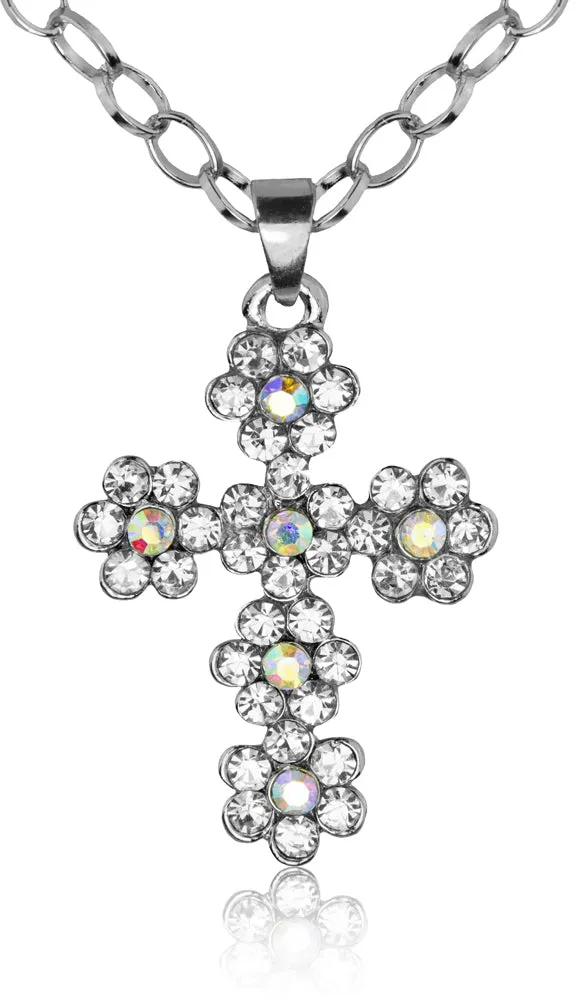 das-kost-mland-kreuz-halskette-strass-blumen-silber image 1