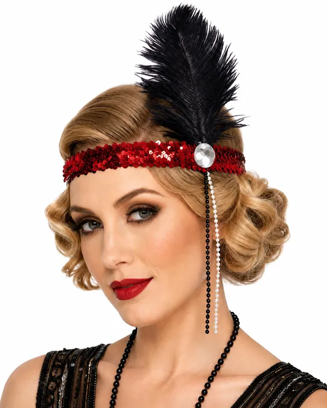 charleston-feder-stirnband-kira-pailletten-rot-schwarz image 1