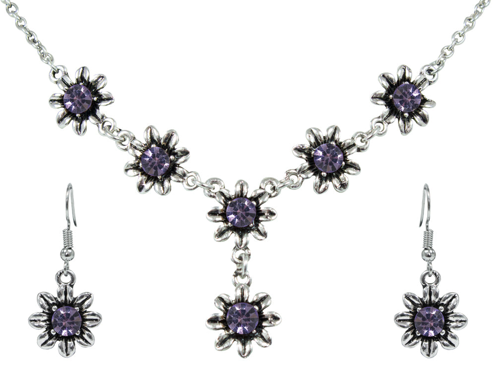 das-kost-mland-blumen-collier-mit-ohrh-ngern-lila-strass image 1