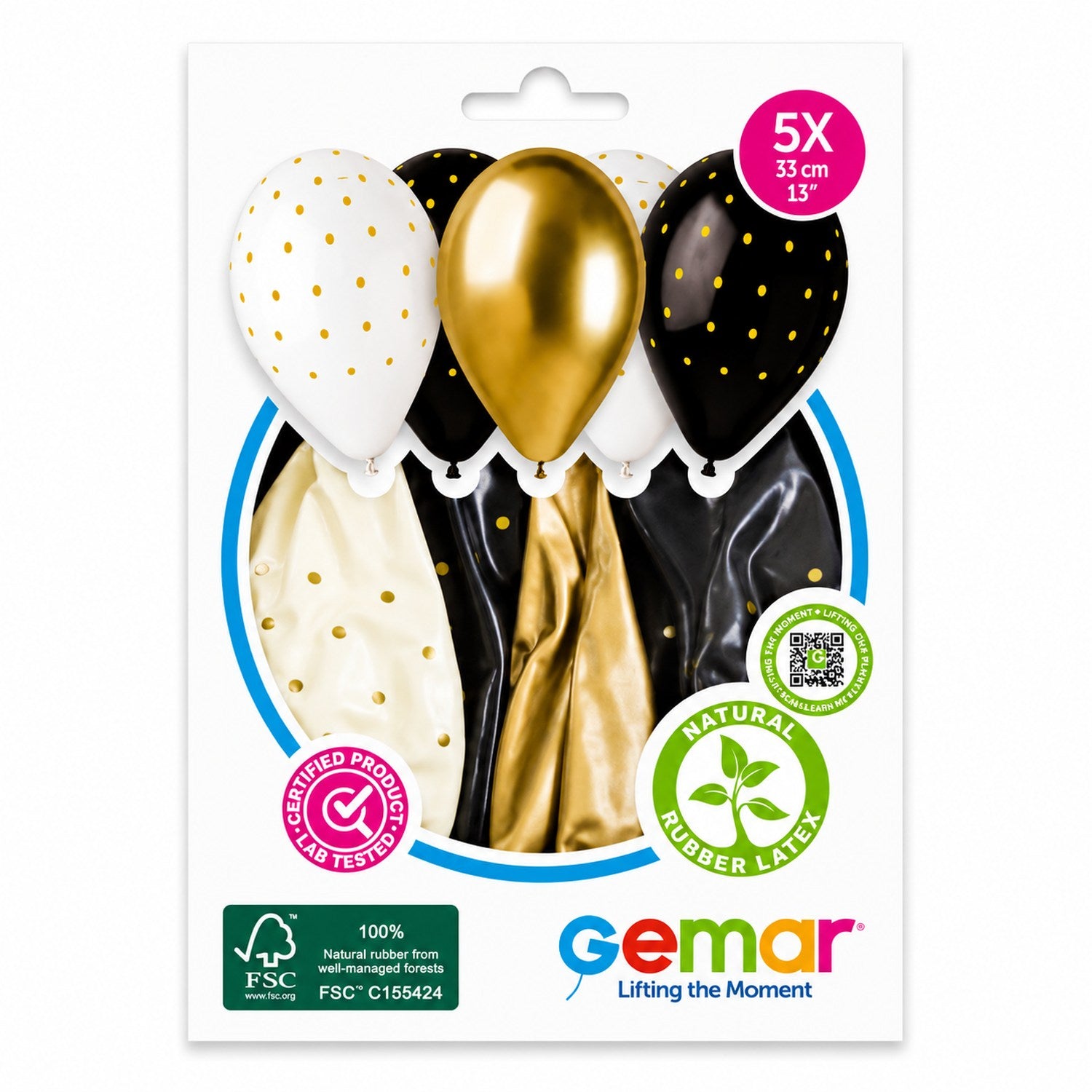 das-kost-mland-latexballon-chic-dots-wei-schwarz-gold-5-stk-33cm image 3