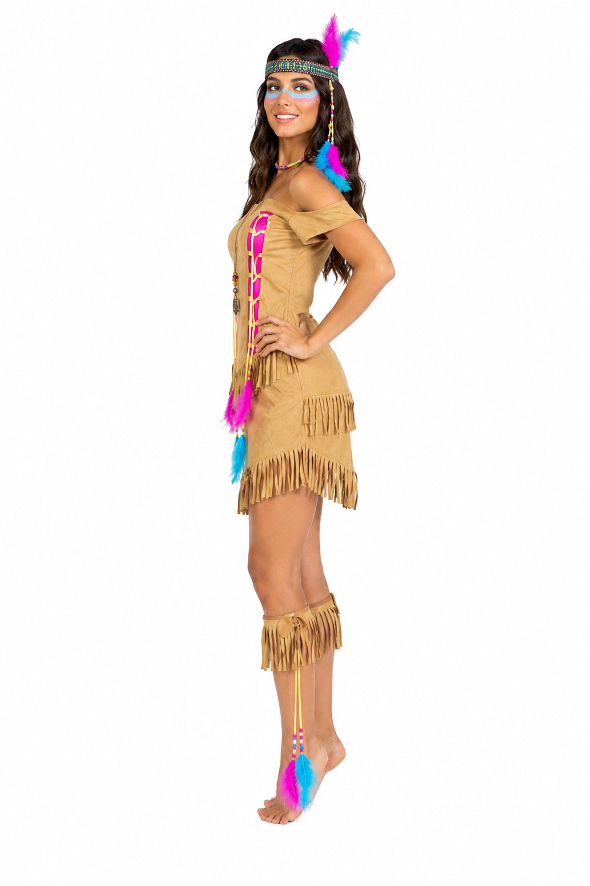indianerin-kost-m-feather-damen-braun-pink-kleid-fasching image 6