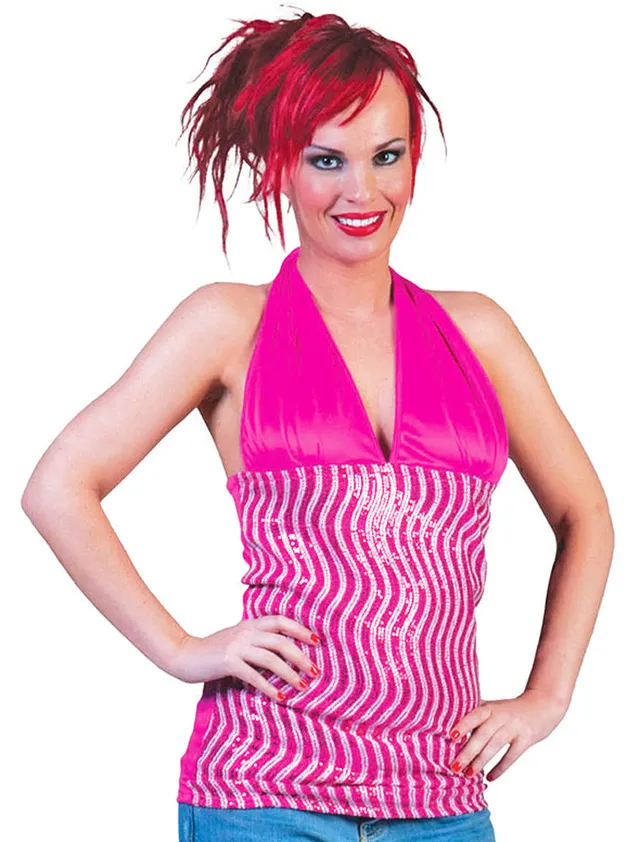 das-kost-mland-dekorationen-disco-neckholder-top-glitzer-pink-silber image 1