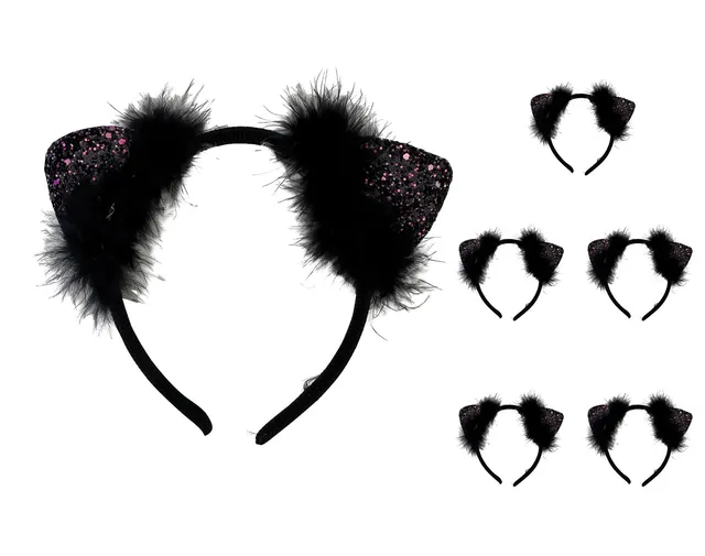 das-kost-mland-accessoires-katzenohren-haarreif-federn-glitter-schwarz-5er-set image 1