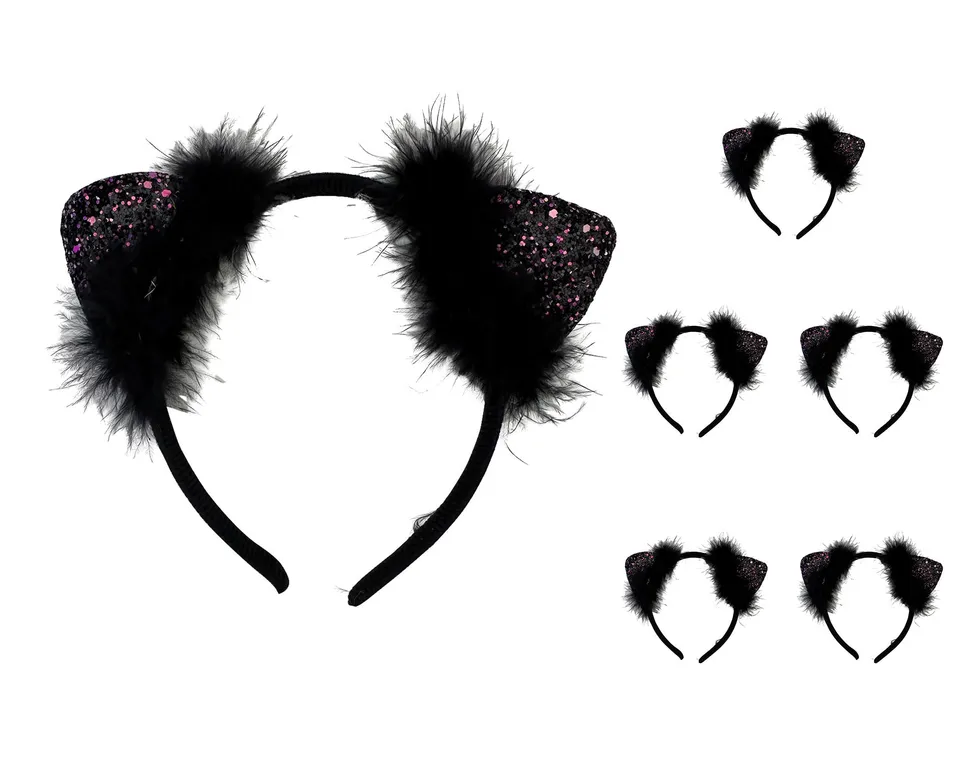 das-kost-mland-accessoires-katzenohren-haarreif-federn-glitter-schwarz-5er-set image 1