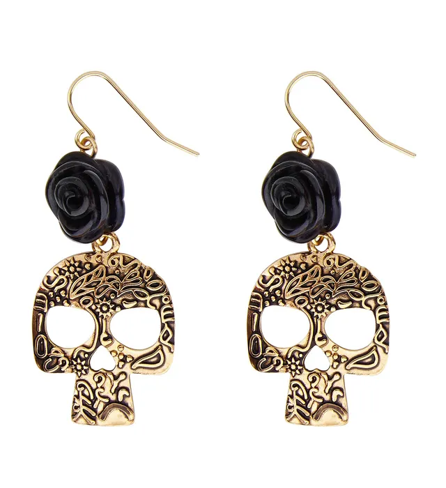 day-of-the-dead-ohrringe-totenkopf-rose-schwarz-gold image 1