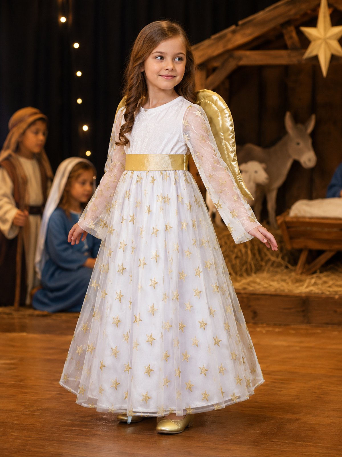 kinder-engelskost-m-sternen-engel-samtkleid-wei-gold-mit-fl-geln image 6