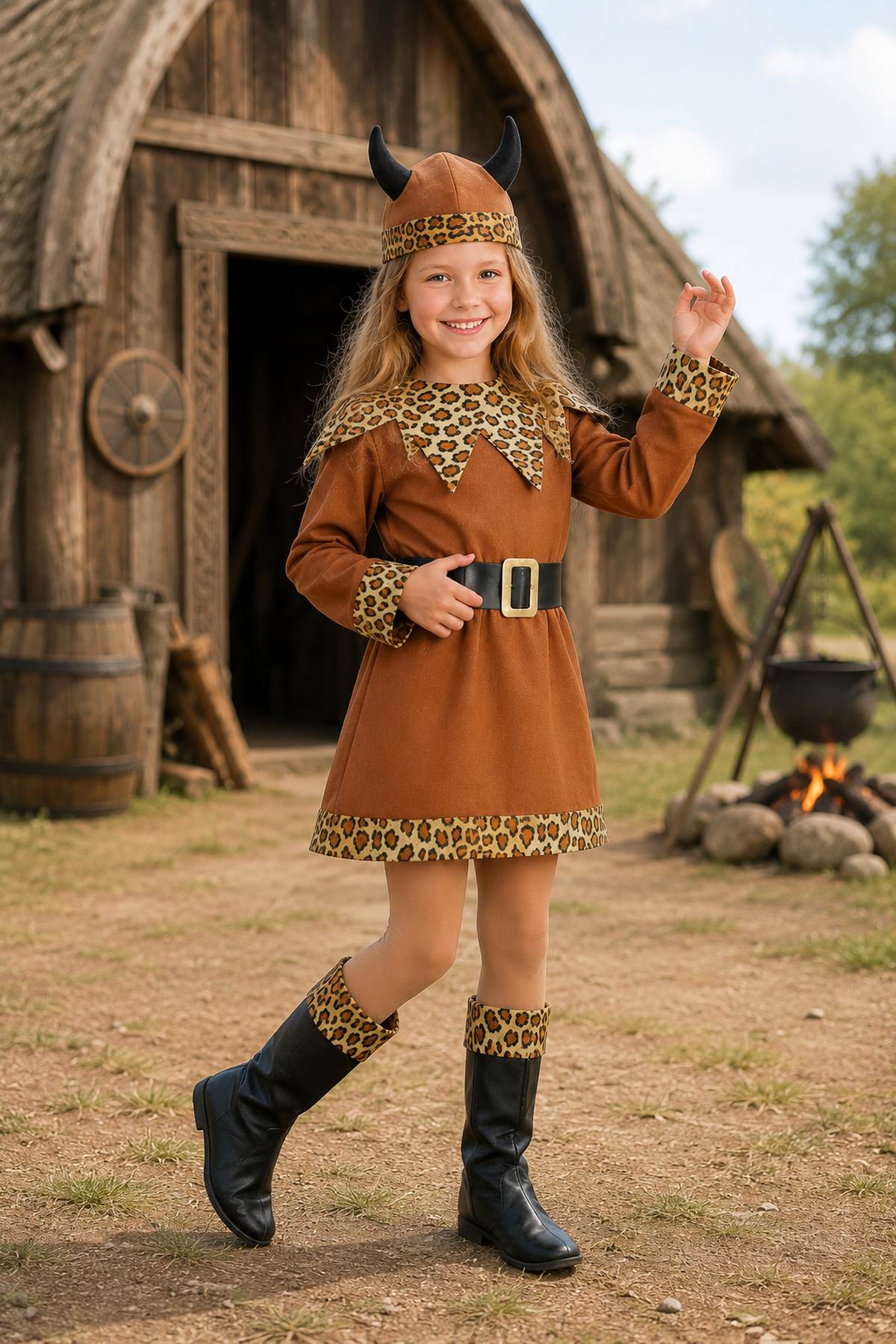 das-kost-mland-m-dchen-wikinger-barbarin-kost-m-kleid-gr-128-mit-helm image 5