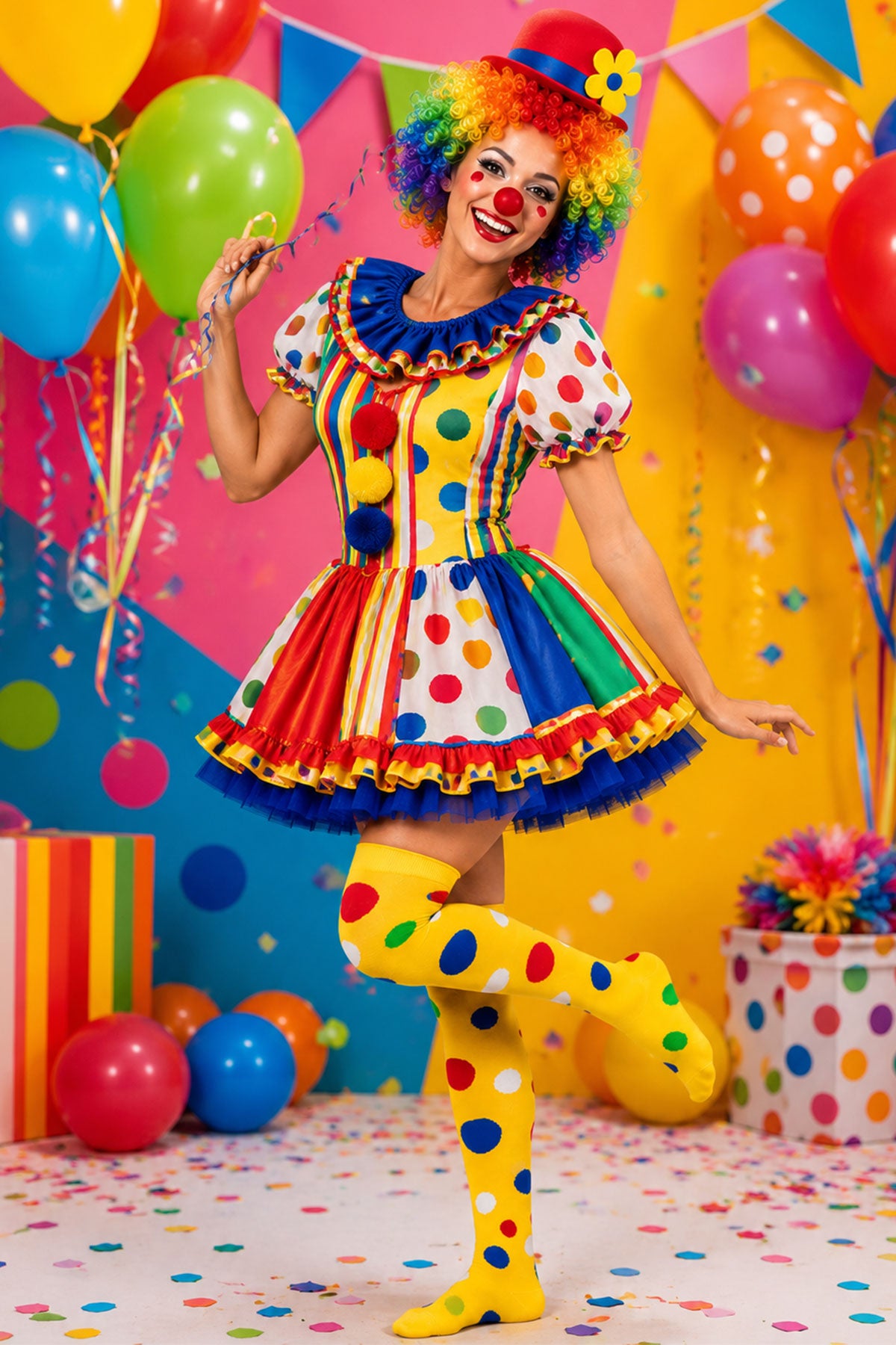 das-kost-mland-polka-dot-clown-kniestr-mpfe-gelb-bunt image 7