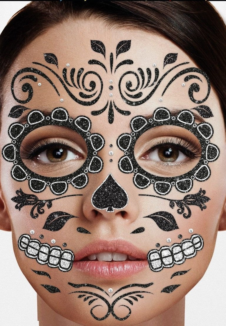 halloween-gesichts-tattoo-skelett-schwarz-glitzer-selbstklebend image 1