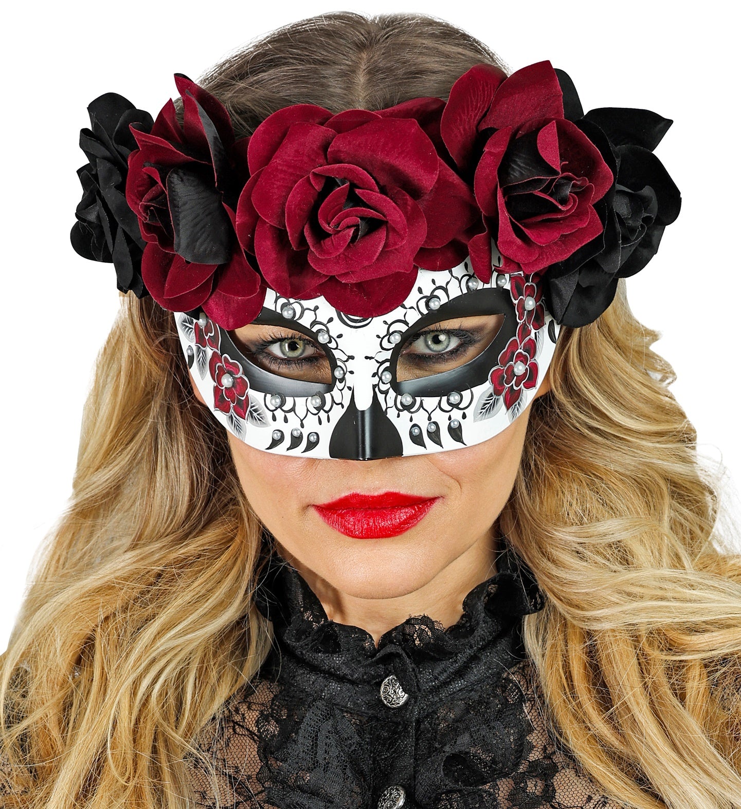das-kost-mland-dia-de-los-muertos-augenmaske-rosen-schwarz-rot image 3