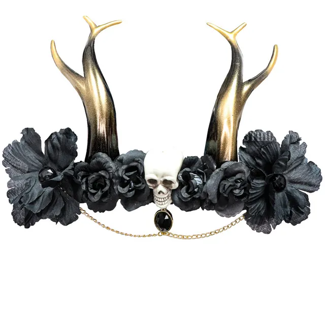 das-kost-mland-geweih-kopfschmuck-totenkopf-blumen-schwarz-gold image 1