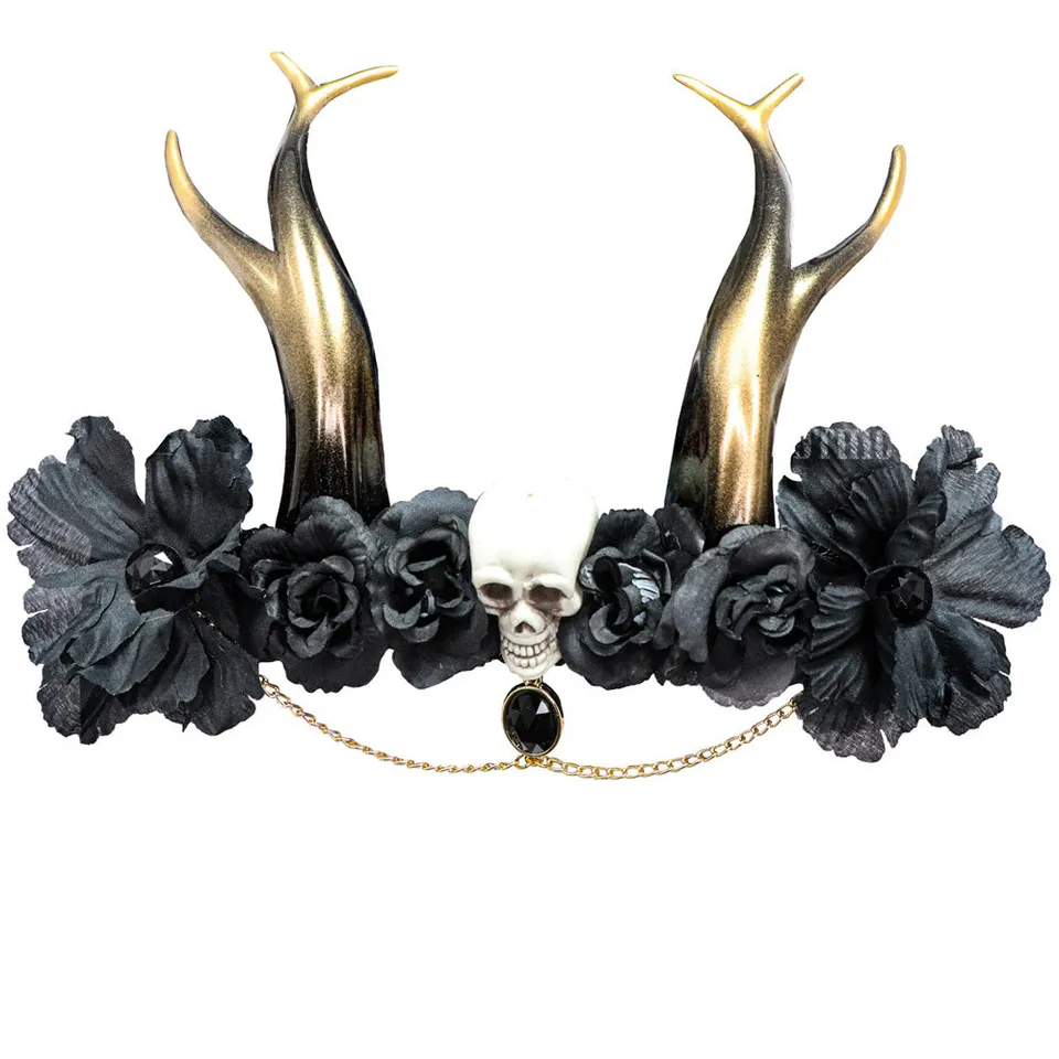 das-kost-mland-geweih-kopfschmuck-totenkopf-blumen-schwarz-gold image 1