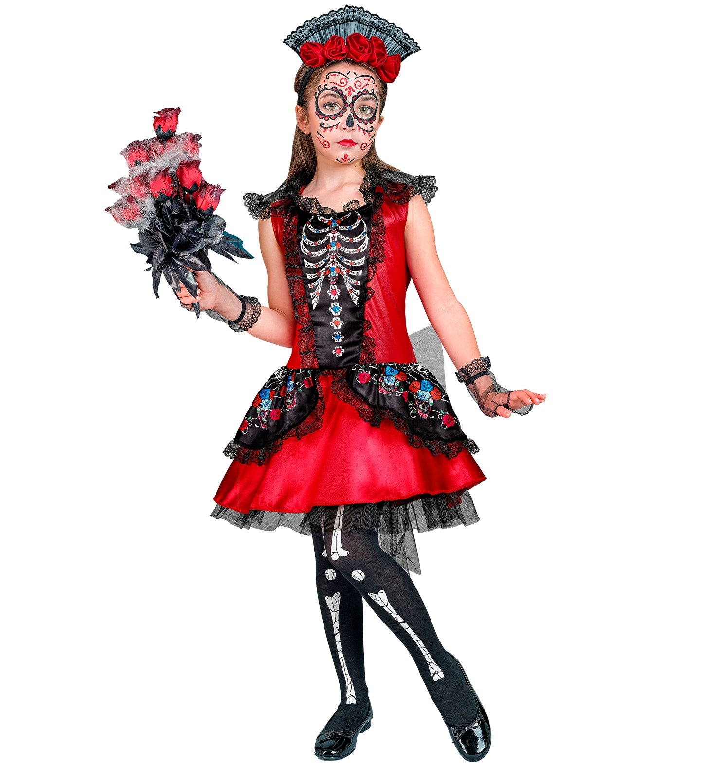 dia-de-los-muertos-kinderkost-m-skelett-kleid-rot-128 image 2