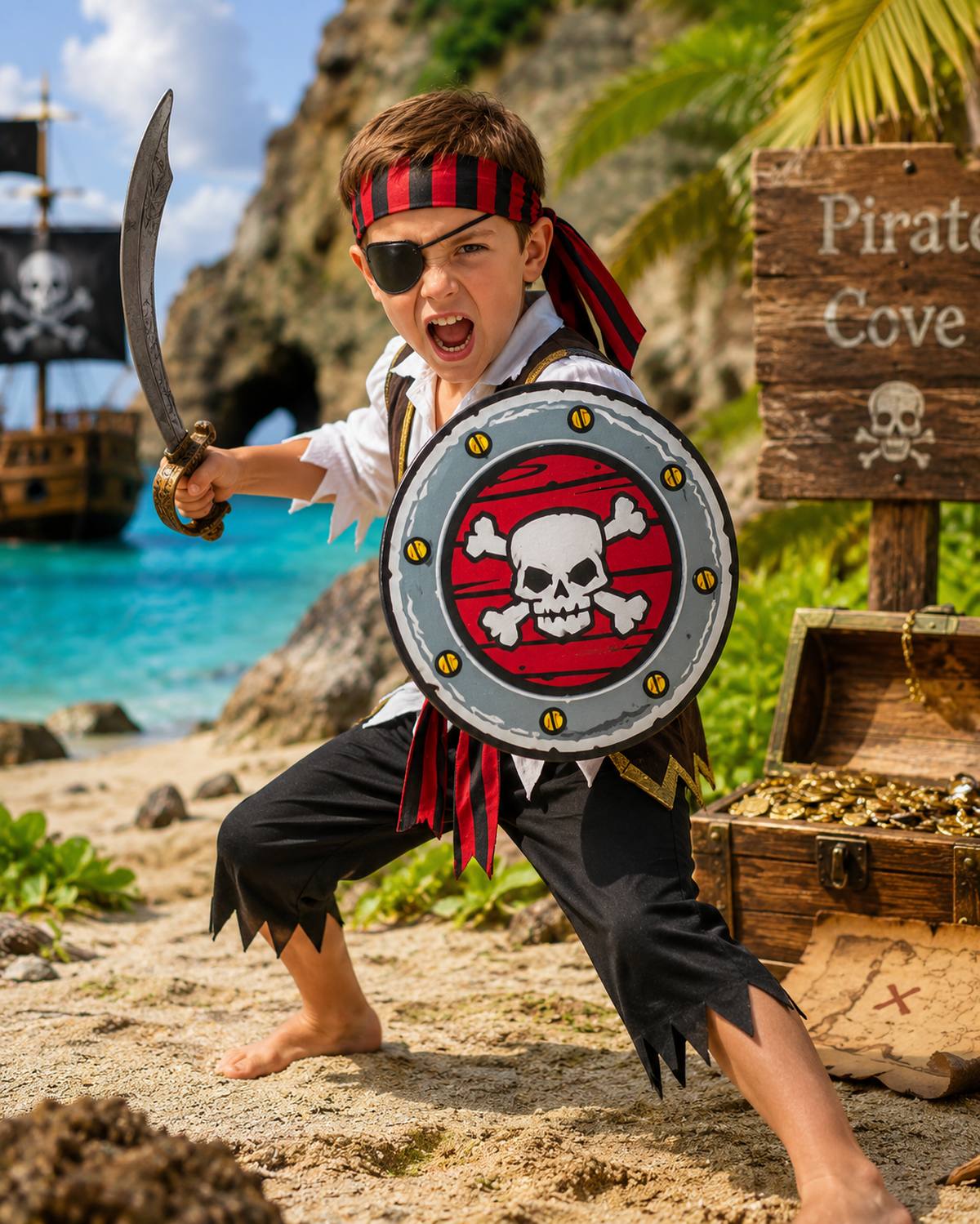piraten-schild-schaumstoff-totenkopf-rund-33-cm-grau-rot image 3