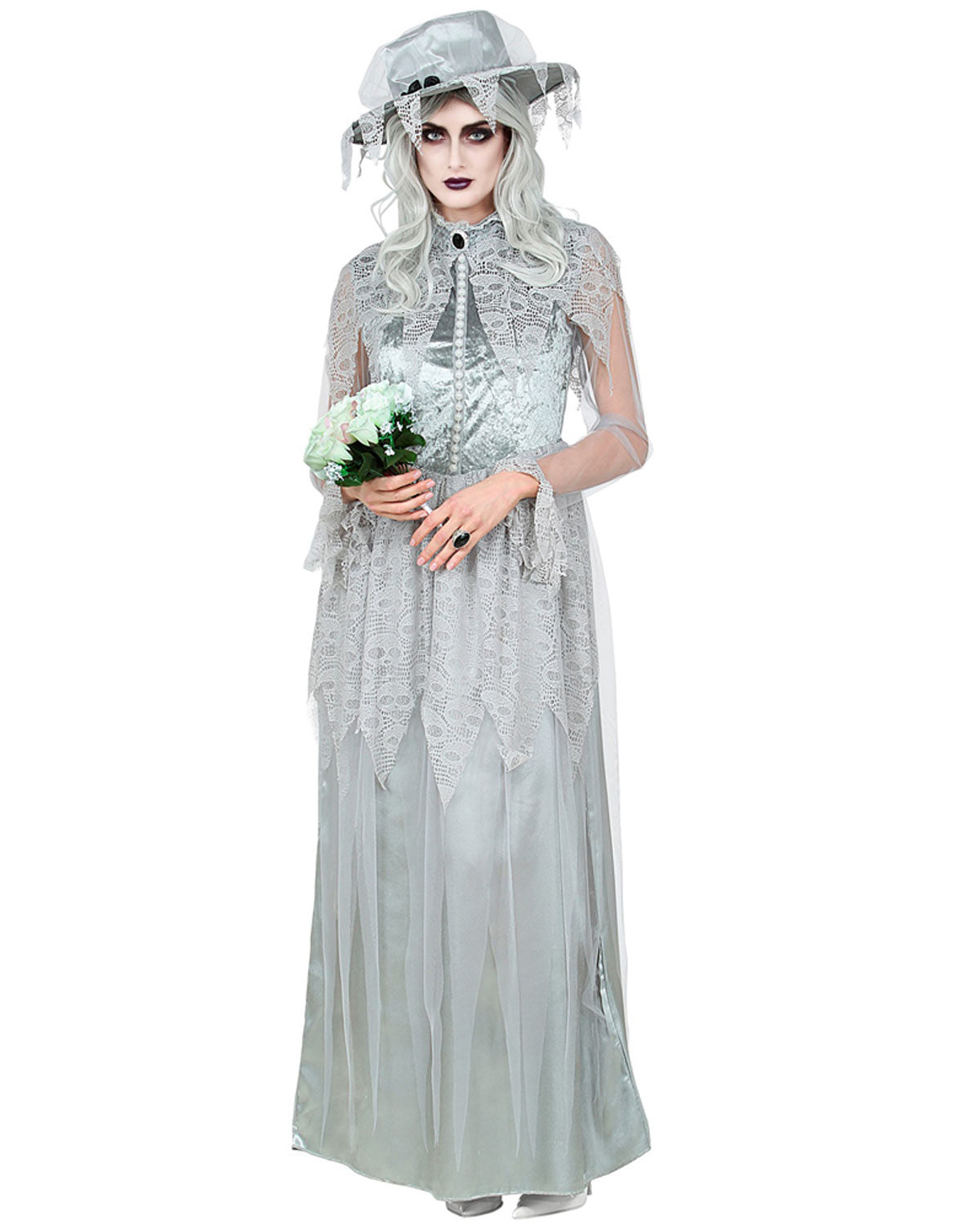 das-kost-mland-damen-geisterbraut-kost-m-kleid-hut-grau-gr-l image 1