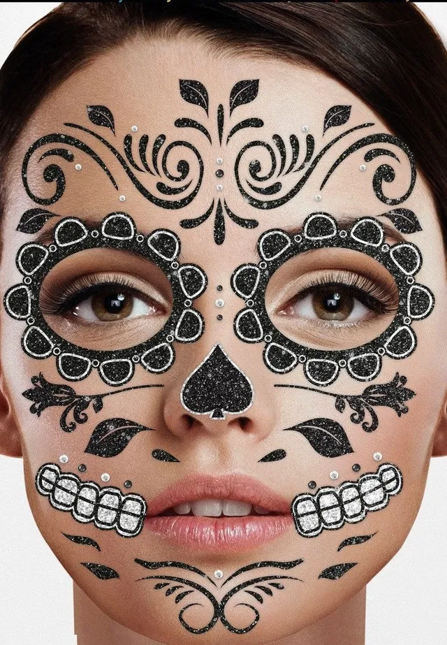 halloween-gesichts-tattoo-skelett-schwarz-glitzer-selbstklebend image 1