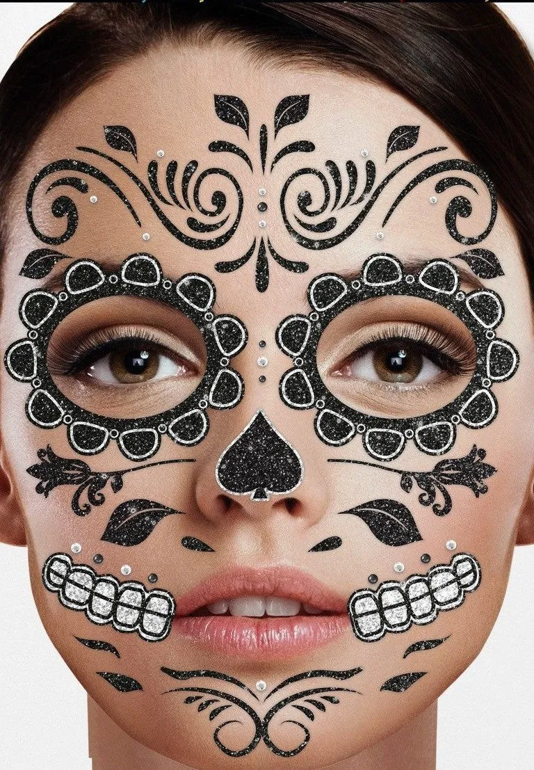 halloween-gesichts-tattoo-skelett-schwarz-glitzer-selbstklebend image 1