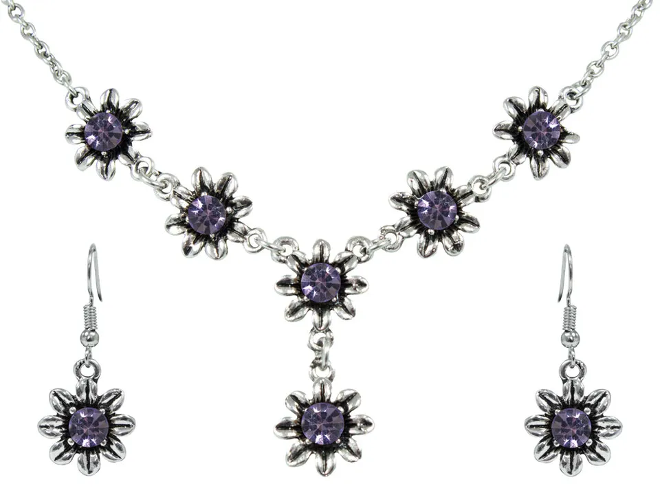 das-kost-mland-blumen-collier-mit-ohrh-ngern-lila-strass image 1