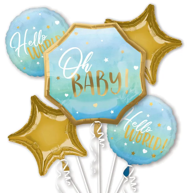 amscan-hello-world-folienballon-bouquet-blau-gold-geburt image 1
