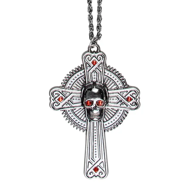 das-kost-mland-skull-halskette-mit-kreuz-altsilber-rot image 1