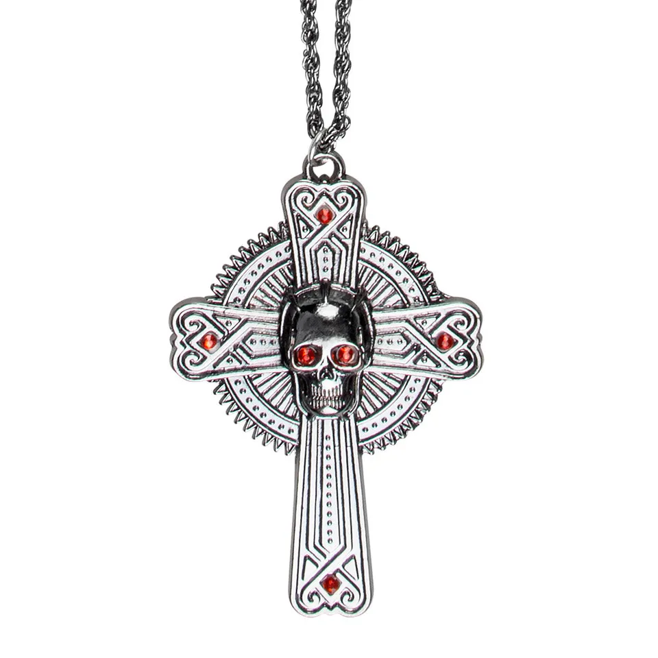 das-kost-mland-skull-halskette-mit-kreuz-altsilber-rot image 1