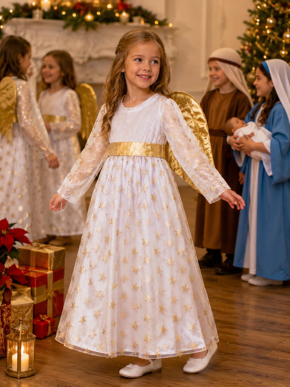 kinder-engelskost-m-sternen-engel-samtkleid-wei-gold-mit-fl-geln image 3