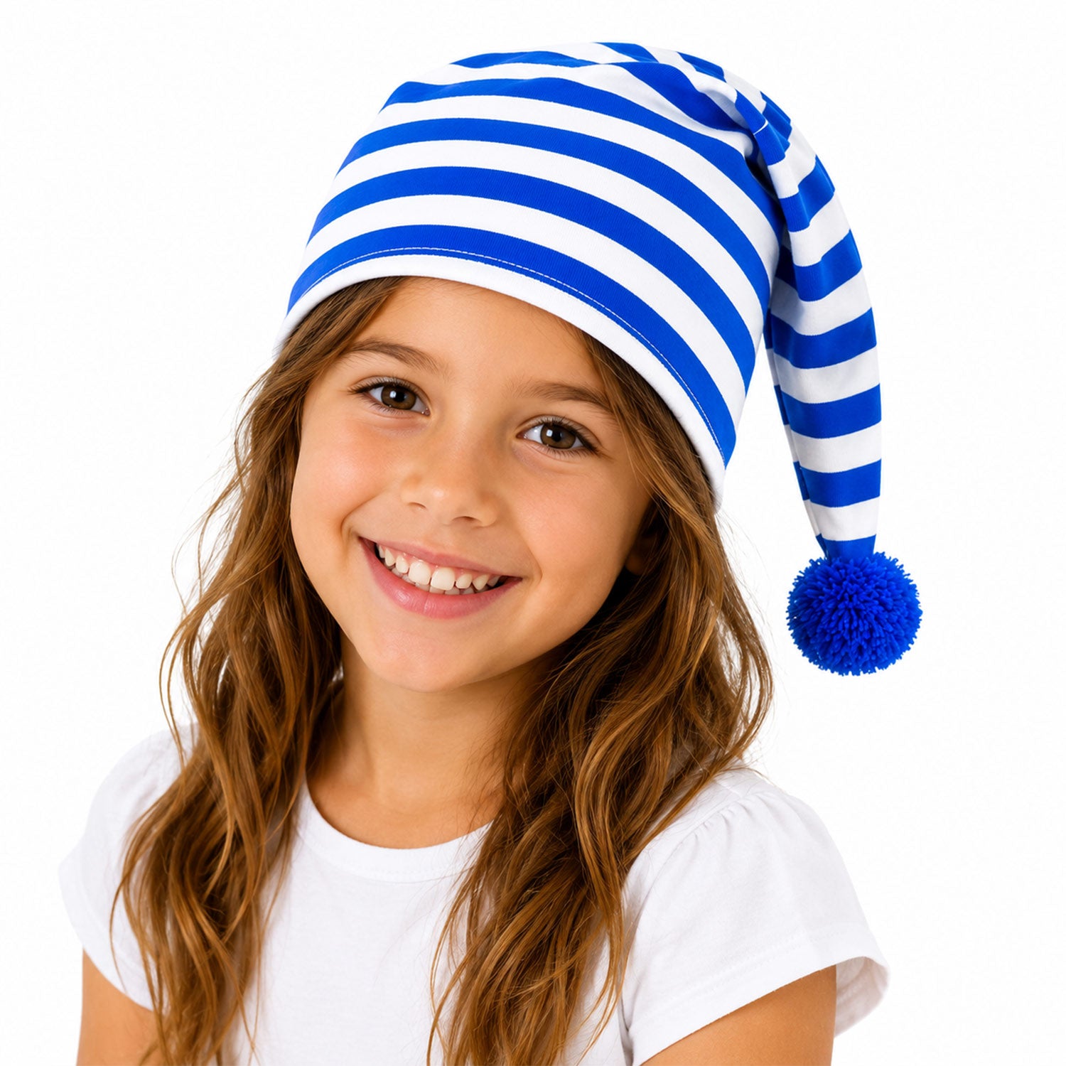 das-kost-mland-kinder-schlafm-tze-baumwolle-blau-wei-bommel image 3