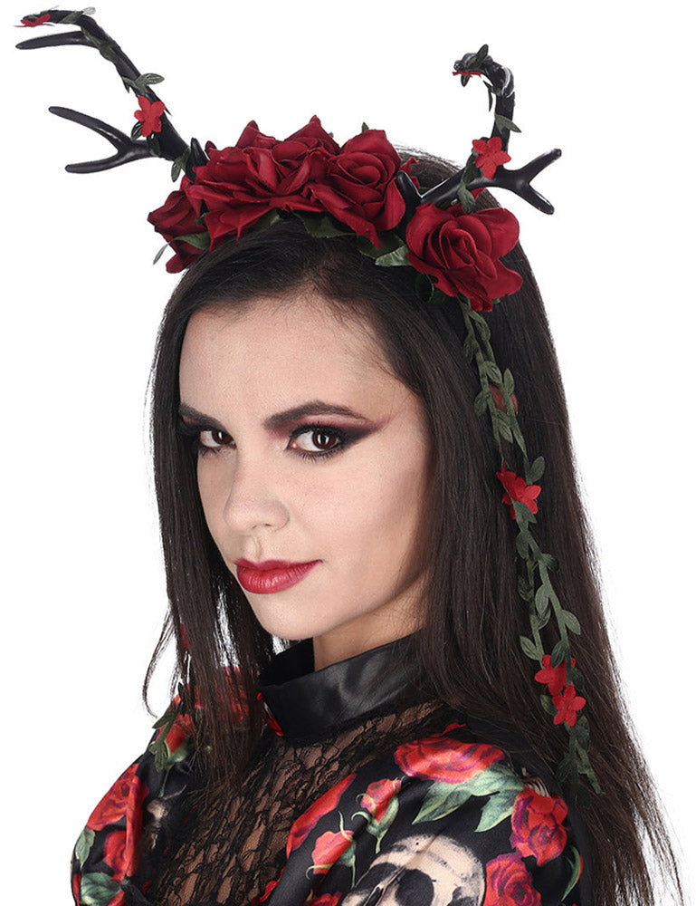 das-kost-mland-dunkle-fee-haarreif-geweih-rosen-schwarz-rot image 1