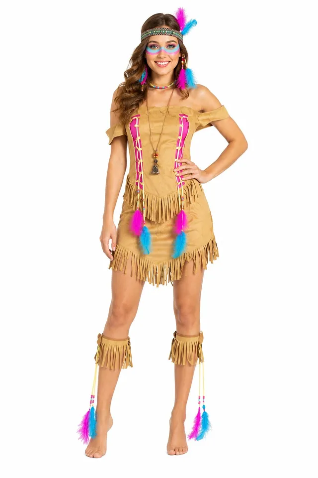 indianerin-kost-m-feather-damen-braun-pink-kleid-fasching image 1