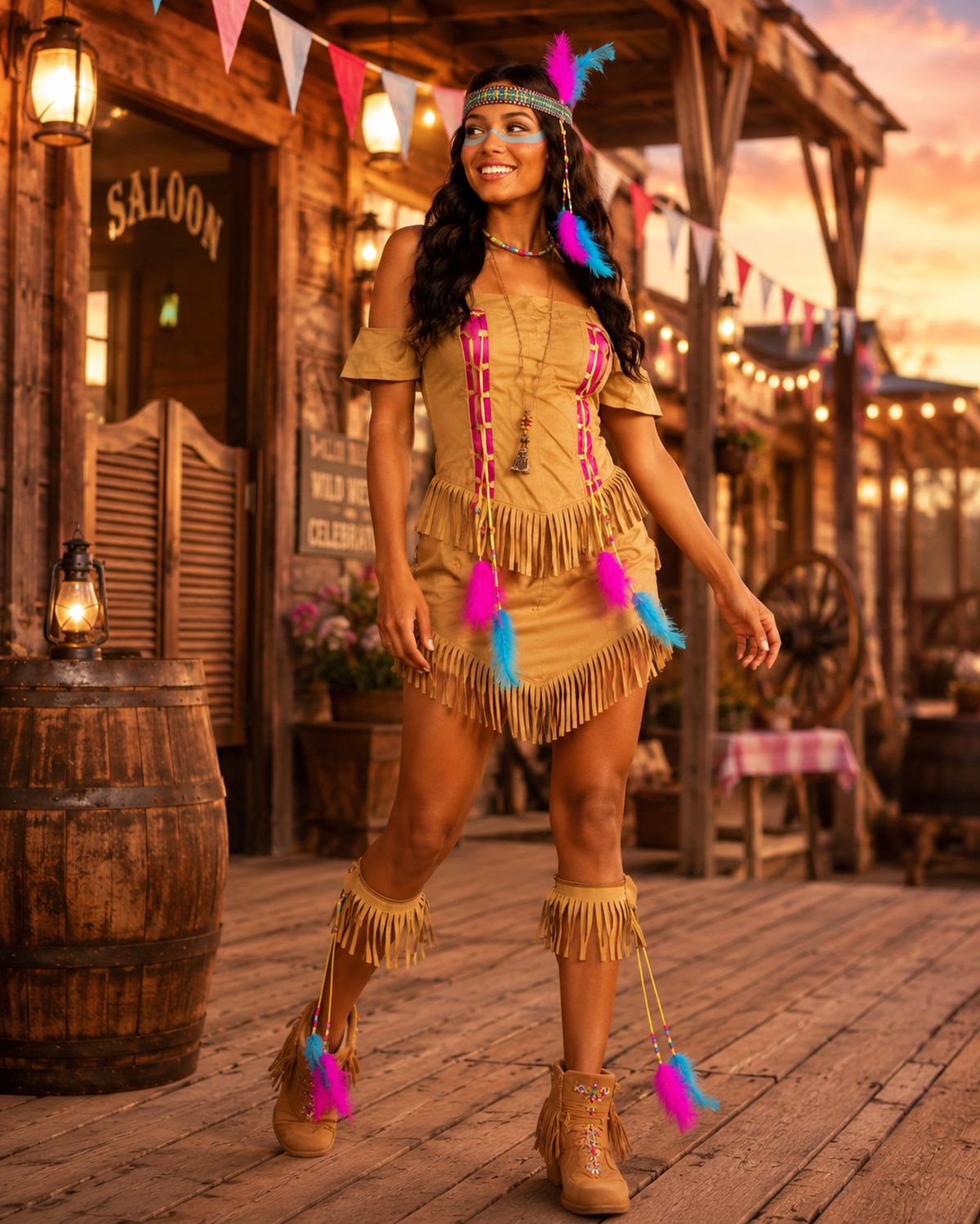 indianerin-kost-m-feather-damen-braun-pink-kleid-fasching image 2