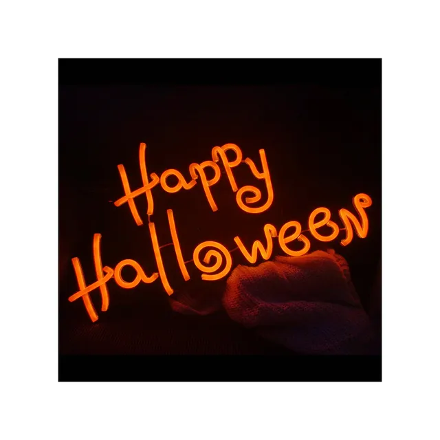 das-kost-mland-happy-halloween-neon-schriftzug-orange-60x30-cm image 1
