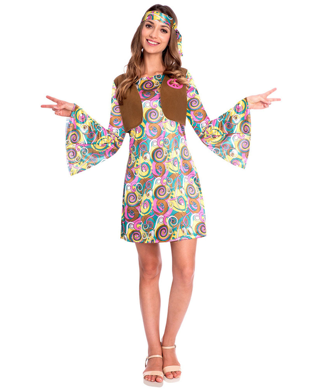 das-kost-mland-psychedelic-hippie-kost-m-damen-rosa-braun-s-xl image 1