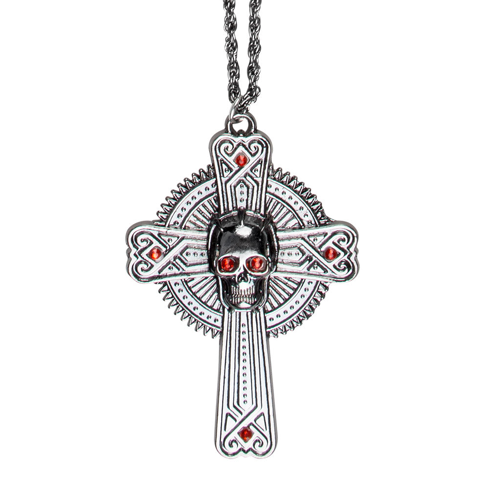 das-kost-mland-skull-halskette-mit-kreuz-altsilber-rot image 1