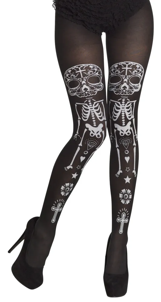 das-kost-mland-accessoires-la-calaca-strumpfhose-schwarz-wei-skelett image 1